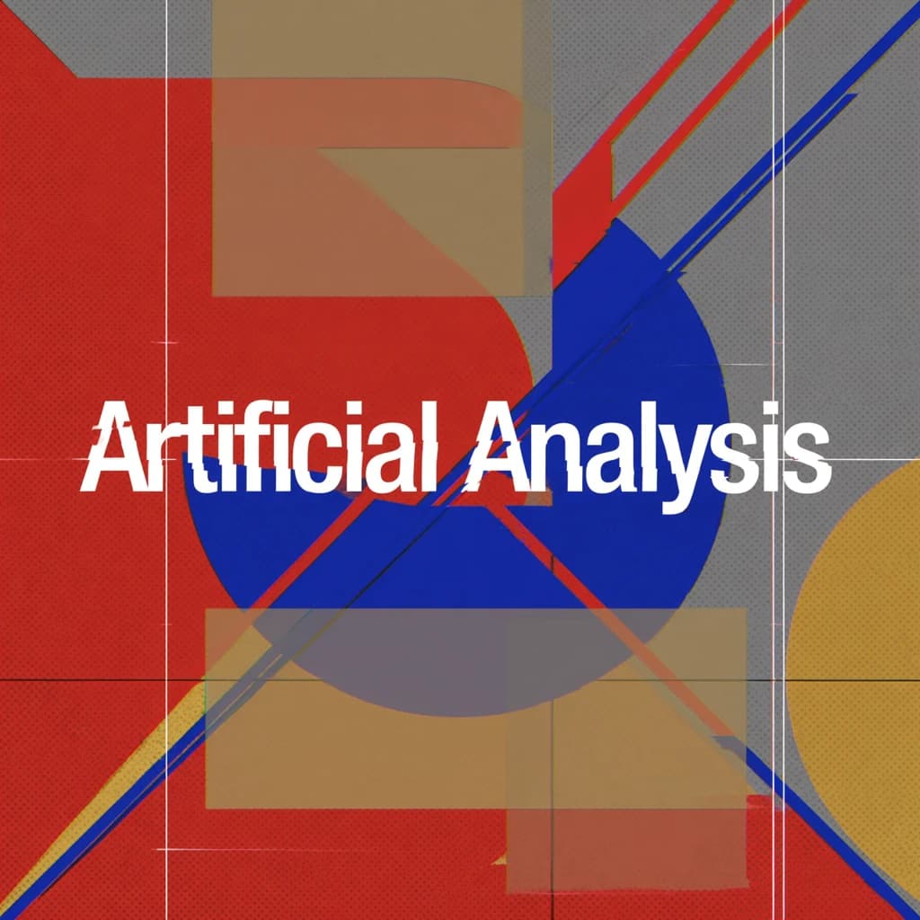 A bold poster composition dominated by flat geometric shapes in crimson, cobalt, and ochre. Overlapping circles and sharp diagonal lines create dynamic tension across the frame. A single sans-serif word — Artificial Analysis — stretches across the center in stark white, distorted slightly as though caught mid-glitch. The background is textured with halftone dots and faint grid lines, while subtle overlays of translucent rectangles suggest depth. Designed in the spirit of modernist Swiss typography fused with digital glitch aesthetics.