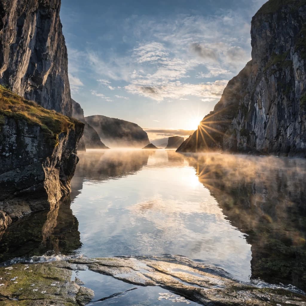 Frame a foggy fjord at sunrise, cliffs looming.