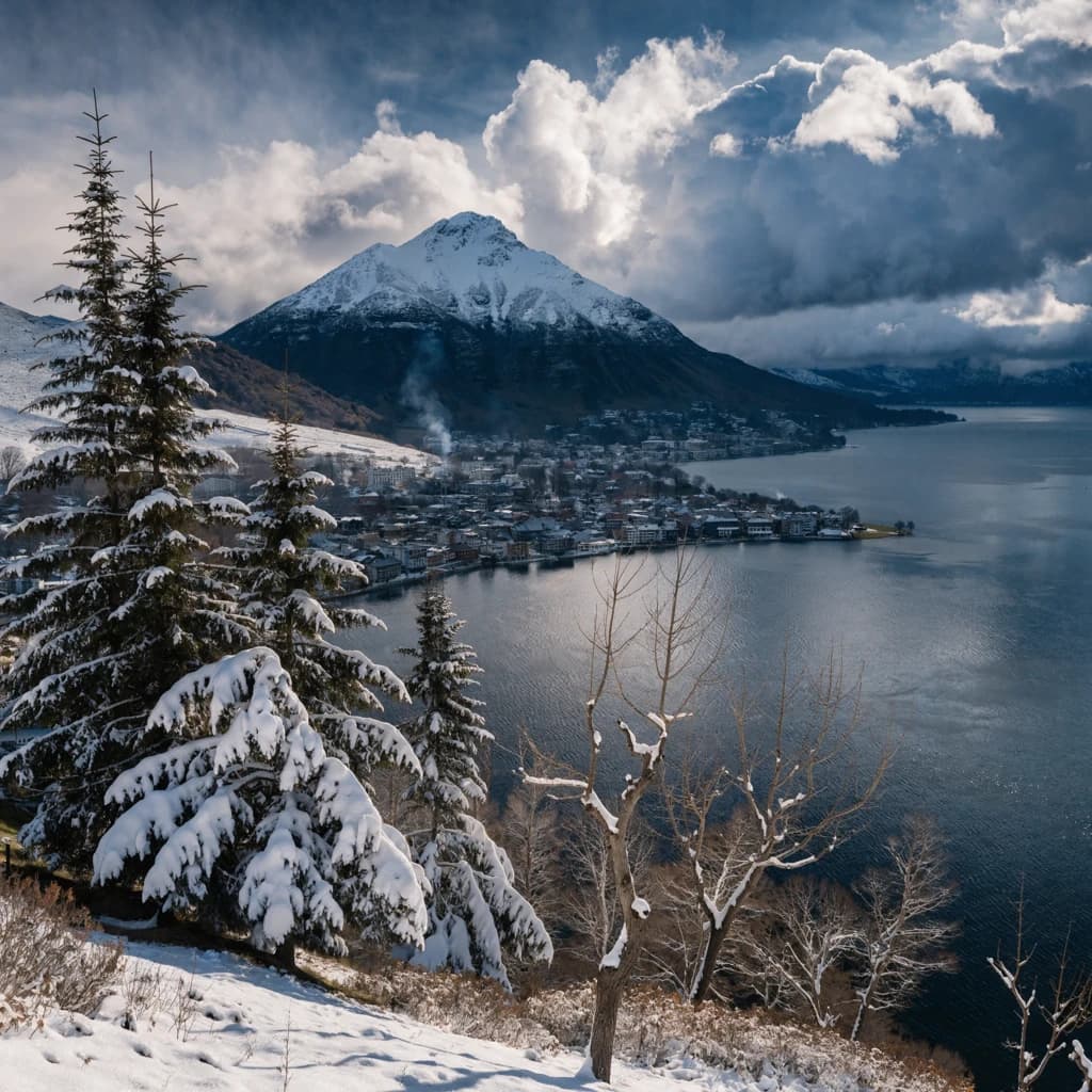 Queenstown's Lake Wakatipu, viewed from the top of Queenstown Hill after a snowstorm just dusted the top of Cecil's Peak