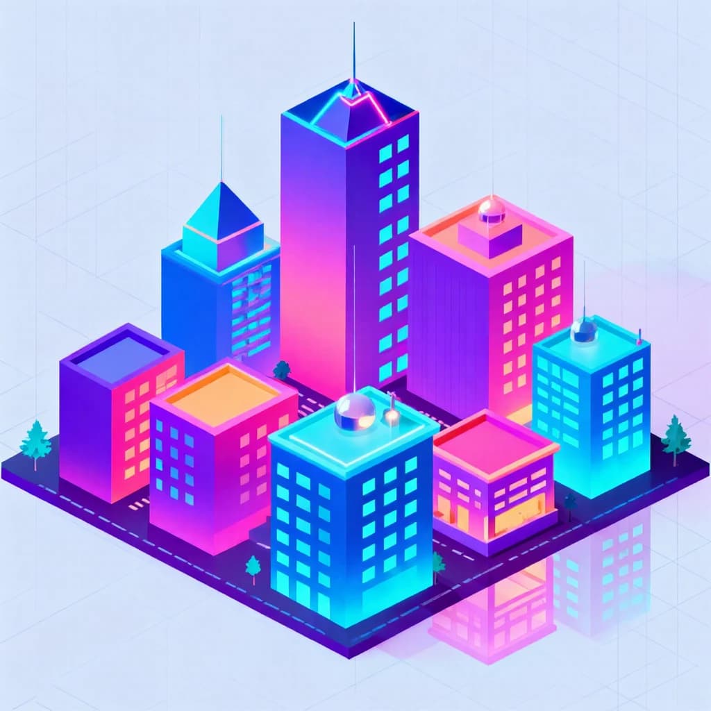 Render an isometric city poster with geometric buildings, neon gradients, gloss highlights, soft AO shadows, clean sans-serif lettering, grid layout, reflections a bit overexposed.