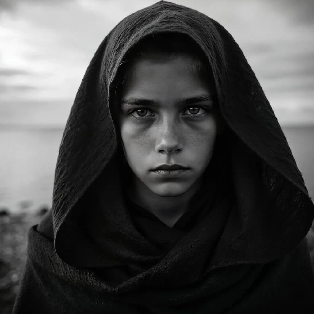 A dramatic black-and-white portrait of a young person draped in a hooded garment, their face framed by the hood's dark folds. Their skin tone and the subtle sheen on their cheeks create striking tonal contrast against the deep shadows. Their eyes are piercing, looking directly into the lens with a calm, steady intensity—neither confrontational nor submissive, but deeply present. The texture of the fabric is visible: it's dense, slightly weathered, and whisper-thin creases catch the light. In the background, an expansive, out-of-focus landscape suggests open space—perhaps distant plains or water—though the details remain soft and abstract. The overall mood is silent yet powerful, poised between vulnerability and resilience, with every highlight and shadow telling part of their story.