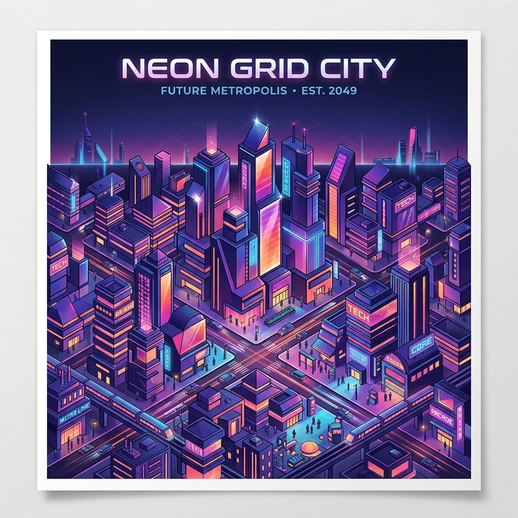 Render an isometric city poster with geometric buildings, neon gradients, gloss highlights, soft AO shadows, clean sans-serif lettering, grid layout, reflections a bit overexposed.