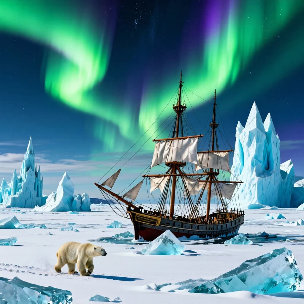 An endless tundra stretches outward, littered with jagged icebergs shaped like cathedral spires. A polar bear trudges across the foreground but leaves no tracks. Auroras ripple overhead. A half-buried shipwreck juts from the snow — sails billowing despite the still air.