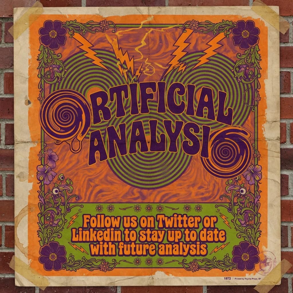 A portrait layout psychedelic concert poster from 1972 bathed in saturated oranges, deep purples, and acid greens. Swirling, hand-drawn typography arcs across the top, spelling out Artificial Analysis in bold, distorted letters that melt into spirals. Surrounded by radiating concentric circles and lightning-bolt motifs. The background is textured with halftone dots and faded paper creases, evoking a well-worn poster taped to a brick wall. Ornate floral borders frame the design, while the bottom features blocky retro lettering listing “Follow us on Twitter or LinkedIn to stay up to date with future analysis” in smaller text.