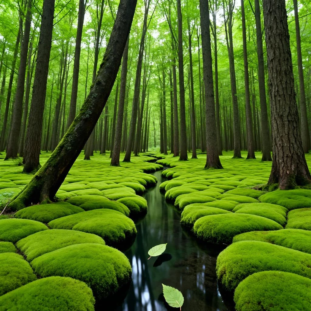 The forest is saturated green, trees identical in height and width, trunks straight, bark texture repeating. One trunk leans diagonally yet the branches remain vertical. The moss is emerald, glistening, though each patch forms identical diamond shapes. A stream runs straight, perfectly linear, water clear, reflecting clouds not visible in the sky. No animals, no insects, but one leaf floats on the water, doubled, showing two overlapping shadows.