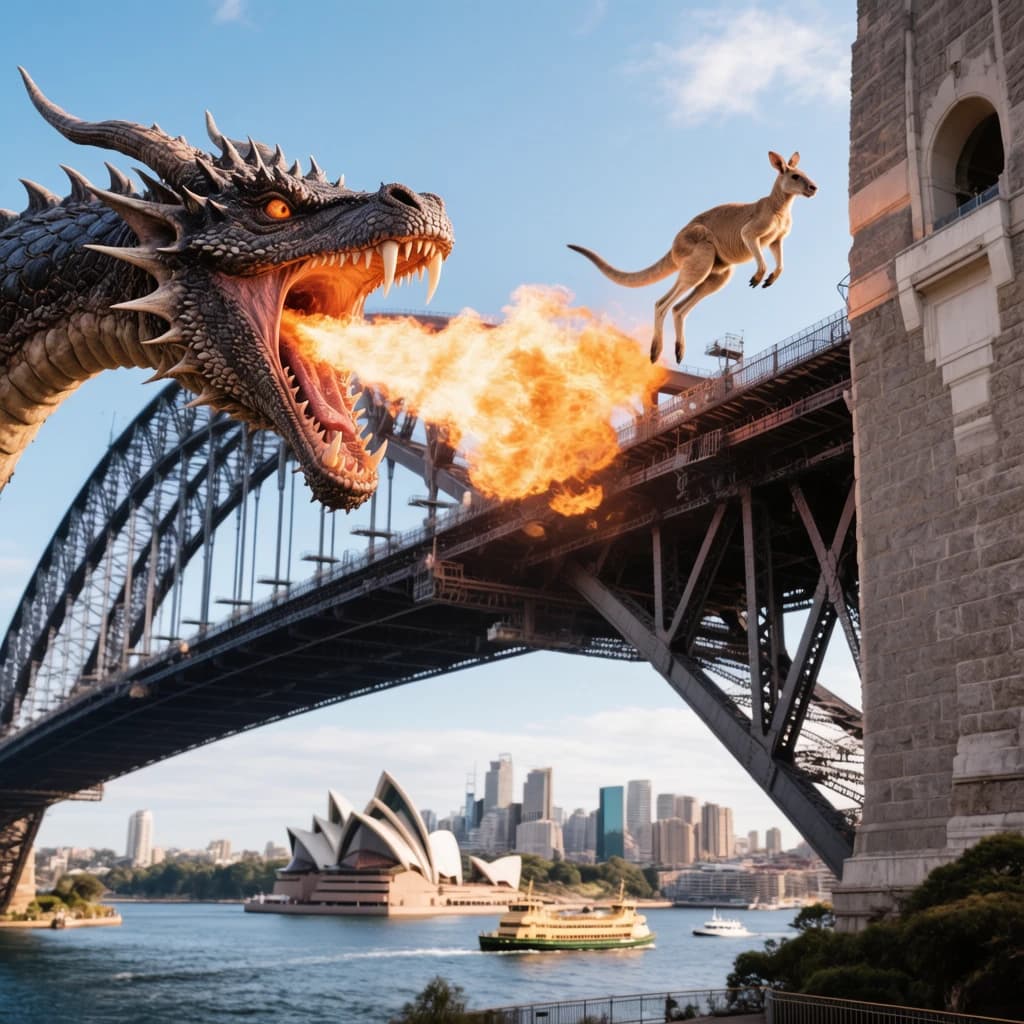 A dragon breathes fire at a kangaroo that is running away by climbing over the top of the Sydney Harbour Bridge. Opera House visible in the background.