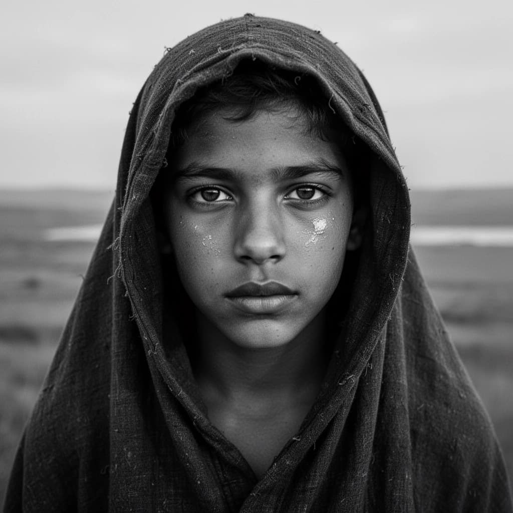 A dramatic black-and-white portrait of a young person draped in a hooded garment, their face framed by the hood's dark folds. Their skin tone and the subtle sheen on their cheeks create striking tonal contrast against the deep shadows. Their eyes are piercing, looking directly into the lens with a calm, steady intensity—neither confrontational nor submissive, but deeply present. The texture of the fabric is visible: it's dense, slightly weathered, and whisper-thin creases catch the light. In the background, an expansive, out-of-focus landscape suggests open space—perhaps distant plains or water—though the details remain soft and abstract. The overall mood is silent yet powerful, poised between vulnerability and resilience, with every highlight and shadow telling part of their story.