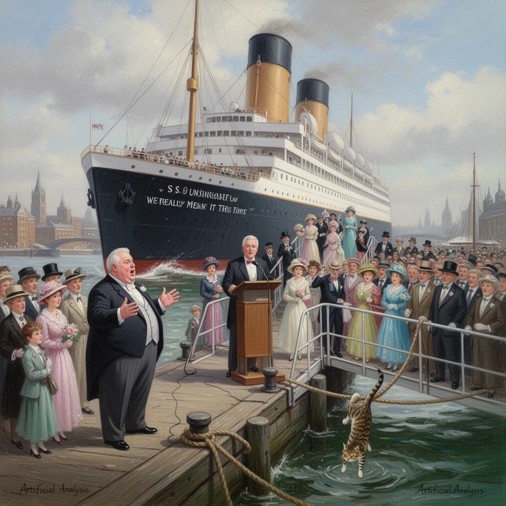 An impressionistic painting of the mighty steamer the "SS Unsinkable We Really Mean It This Time" on a cloudy but bright London morning about to set out on her maiden voyage. A jubilant crowd is gathered on the dock around the paunchy mayor who is making a speech, gesticulating wildly with his hands. The gangways are busy with well heeled ladies and gentlemen making their way onto the ship. A cheeky cat hangs over the water, clinging to the mooring rope after an ill-fated attempt to climb up. The artist has signed his name "Artificial Analysis" in the bottom corner