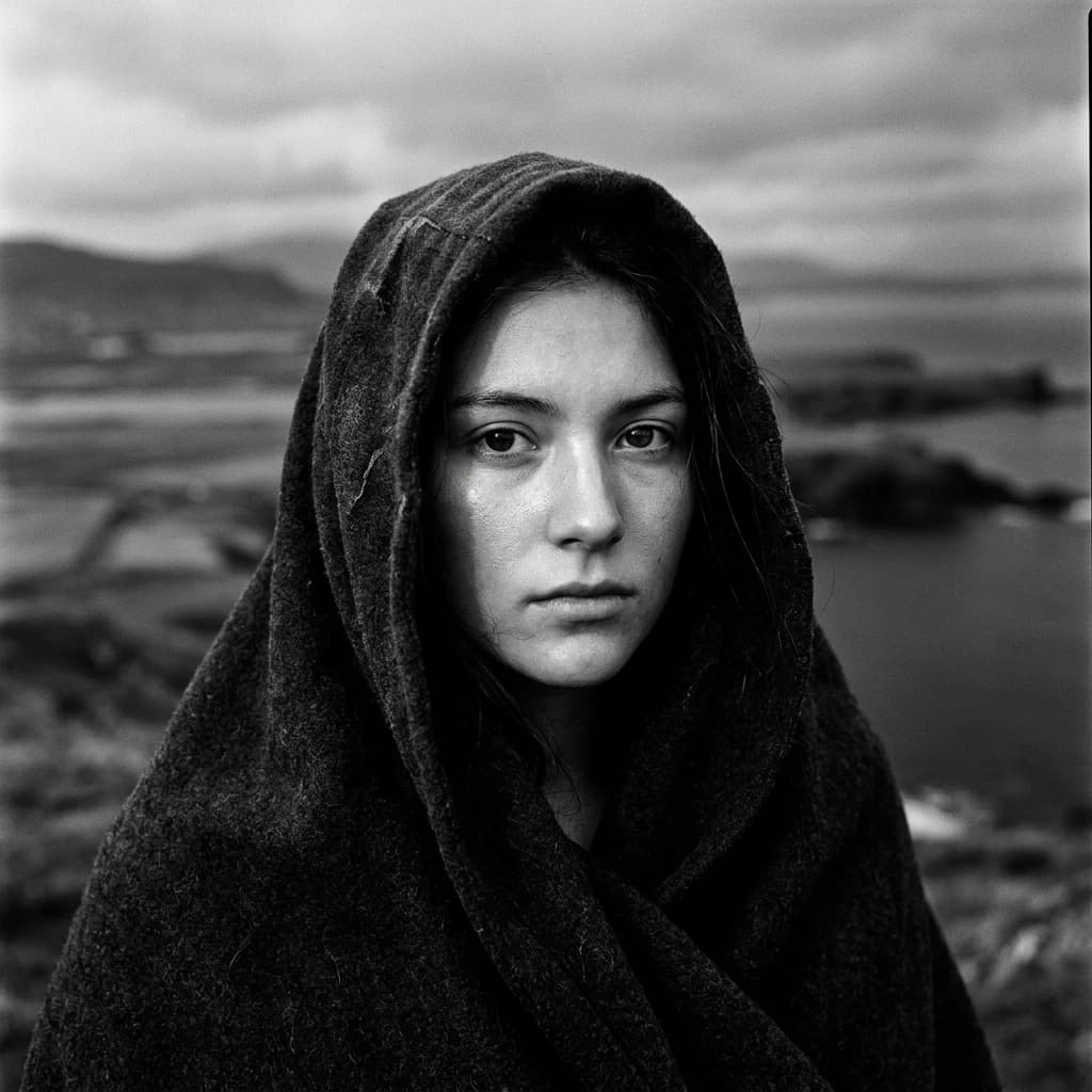 A dramatic black-and-white portrait of a young person draped in a hooded garment, their face framed by the hood's dark folds. Their skin tone and the subtle sheen on their cheeks create striking tonal contrast against the deep shadows. Their eyes are piercing, looking directly into the lens with a calm, steady intensity—neither confrontational nor submissive, but deeply present. The texture of the fabric is visible: it's dense, slightly weathered, and whisper-thin creases catch the light. In the background, an expansive, out-of-focus landscape suggests open space—perhaps distant plains or water—though the details remain soft and abstract. The overall mood is silent yet powerful, poised between vulnerability and resilience, with every highlight and shadow telling part of their story.