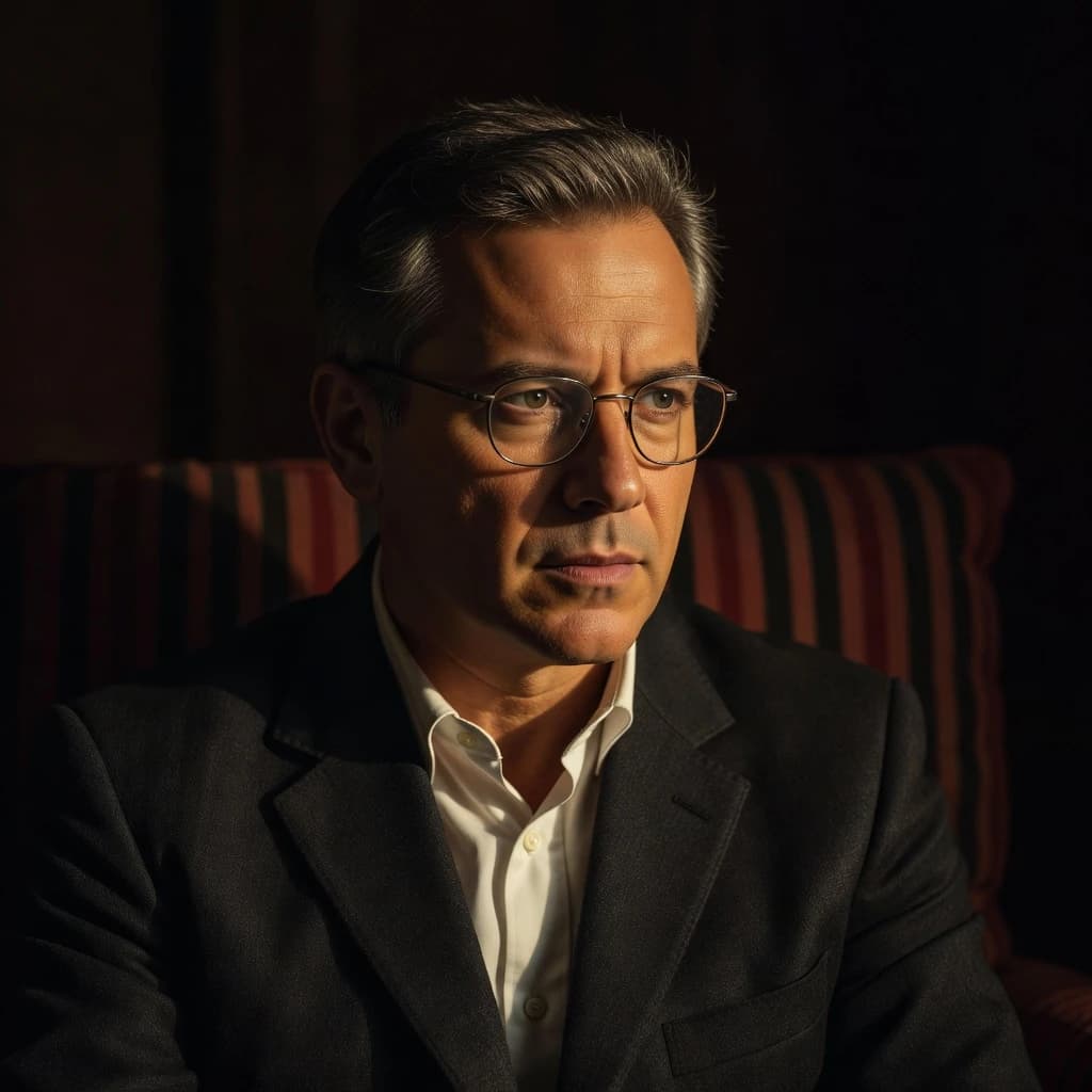 A sharply lit portrait of a middle-aged man wearing thin-rimmed glasses and a dark jacket over a white collared shirt. He gazes intently to the side, his face half illuminated by warm light while the background recedes into deep shadow. The expression is thoughtful, almost wary, as if caught mid-conversation. Behind him, a striped cushion in muted reds and blacks adds subtle texture, contrasting with the crisp highlights on his forehead and glasses. The overall mood is contemplative and cinematic, balancing warmth with tension.