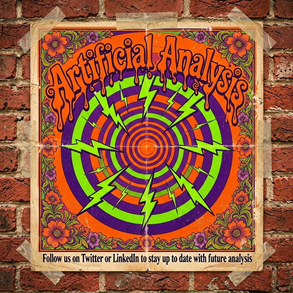 A portrait layout psychedelic concert poster from 1972 bathed in saturated oranges, deep purples, and acid greens. Swirling, hand-drawn typography arcs across the top, spelling out Artificial Analysis in bold, distorted letters that melt into spirals. Surrounded by radiating concentric circles and lightning-bolt motifs. The background is textured with halftone dots and faded paper creases, evoking a well-worn poster taped to a brick wall. Ornate floral borders frame the design, while the bottom features blocky retro lettering listing “Follow us on Twitter or LinkedIn to stay up to date with future analysis” in smaller text.