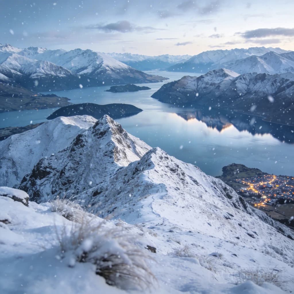 Queenstown's Lake Wakatipu, viewed from the top of Queenstown Hill after a snowstorm just dusted the top of Cecil's Peak