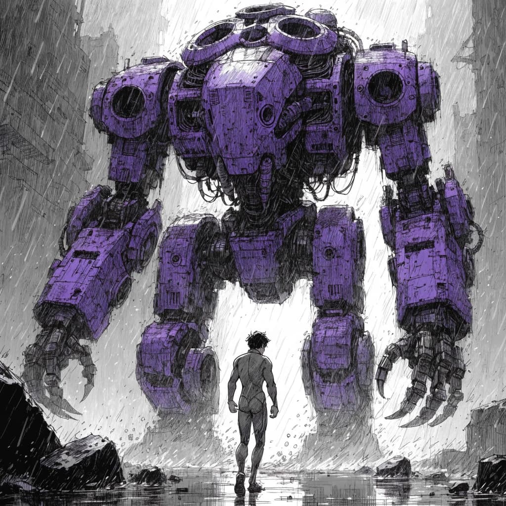 Clad in his body suit up to the neck, young Masa nervously approaches the towering mech with his back facing us. He is nervous for his first time in the field. The mech's bright purple colour scheme contrasts with the grey body suit. The scale of the mech dwarfs Masa. Hand drawn style