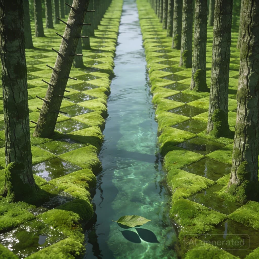 The forest is saturated green, trees identical in height and width, trunks straight, bark texture repeating. One trunk leans diagonally yet the branches remain vertical. The moss is emerald, glistening, though each patch forms identical diamond shapes. A stream runs straight, perfectly linear, water clear, reflecting clouds not visible in the sky. No animals, no insects, but one leaf floats on the water, doubled, showing two overlapping shadows.