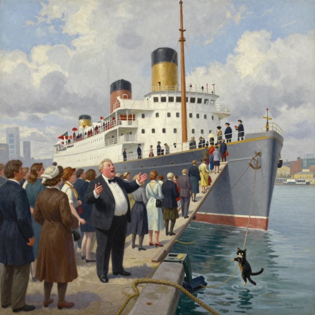 An impressionistic painting of the mighty steamer the "SS Unsinkable We Really Mean It This Time" on a cloudy but bright London morning about to set out on her maiden voyage. A jubilant crowd is gathered on the dock around the paunchy mayor who is making a speech, gesticulating wildly with his hands. The gangways are busy with well heeled ladies and gentlemen making their way onto the ship. A cheeky cat hangs over the water, clinging to the mooring rope after an ill-fated attempt to climb up. The artist has signed his name "Artificial Analysis" in the bottom corner