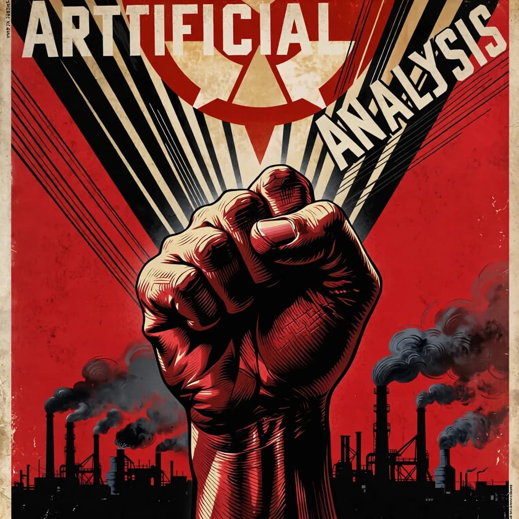 A propaganda poster in stark red, black, and beige. A clenched fist rises in the foreground, rendered with sharp geometric blocks. Behind it, radiating lines stretch upward toward a stylized sun. At the top, bold sans-serif lettering in Cyrillic-inspired type spells out Artificial Analysis, tilted at an angle for emphasis. A factory skyline silhouettes the bottom edge, smoke stacks rising into the background. The texture is rough, printed on aged paper with visible creases and ink bleed. Designed in the constructivist Soviet poster style.
