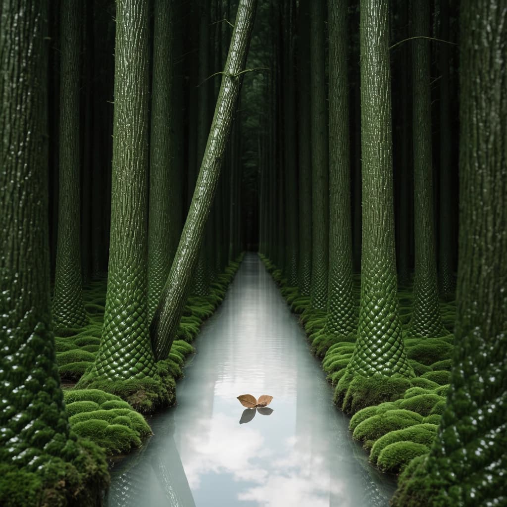 The forest is saturated green, trees identical in height and width, trunks straight, bark texture repeating. One trunk leans diagonally yet the branches remain vertical. The moss is emerald, glistening, though each patch forms identical diamond shapes. A stream runs straight, perfectly linear, water clear, reflecting clouds not visible in the sky. No animals, no insects, but one leaf floats on the water, doubled, showing two overlapping shadows.