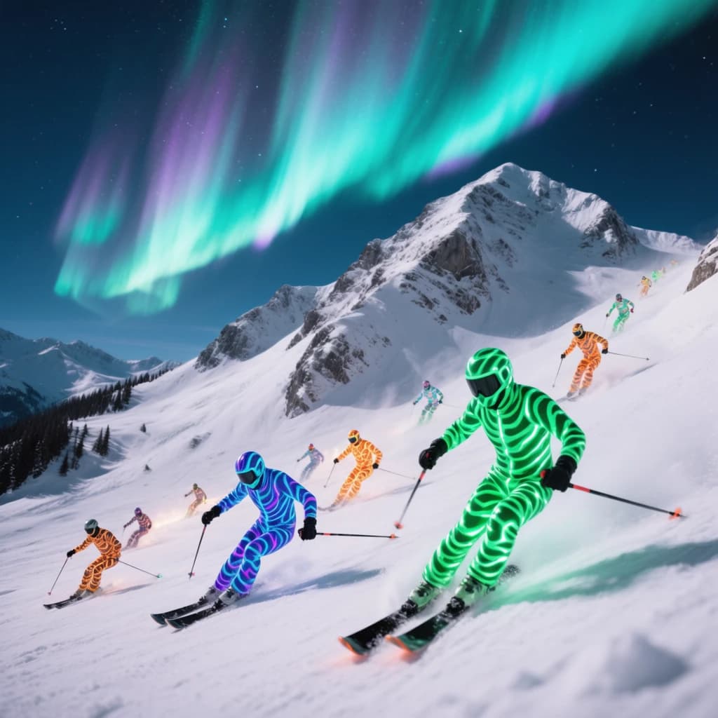 Coronet Peak Night Skiing: Skiers in colorful LED suits carve their way down the slopes of New Zealand's Coronet Peak under the Aurora Borealis, the skiers' light trails visible behind them