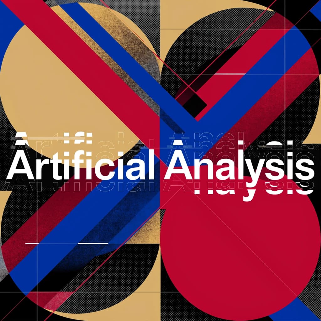 A bold poster composition dominated by flat geometric shapes in crimson, cobalt, and ochre. Overlapping circles and sharp diagonal lines create dynamic tension across the frame. A single sans-serif word — Artificial Analysis — stretches across the center in stark white, distorted slightly as though caught mid-glitch. The background is textured with halftone dots and faint grid lines, while subtle overlays of translucent rectangles suggest depth. Designed in the spirit of modernist Swiss typography fused with digital glitch aesthetics.