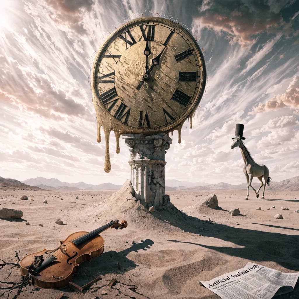 A vast desert plain stretches endlessly under a sky streaked with pale pink and ochre clouds. In the center stands a colossal clock, its face drooping and melting over the edge of a broken marble column. Ants swarm across its warped surface, glinting in the harsh sunlight. To the right, a horse with a giraffe like neck wearing a top hat strides toward the horizon, its shadow stretching miles across the sand. A cracked violin lies half-buried in the foreground, strings snapping outward like veins. Painted in the dreamlike surrealist style. A newspaper named the "Artificial Analysis Daily" lies on the Floor.