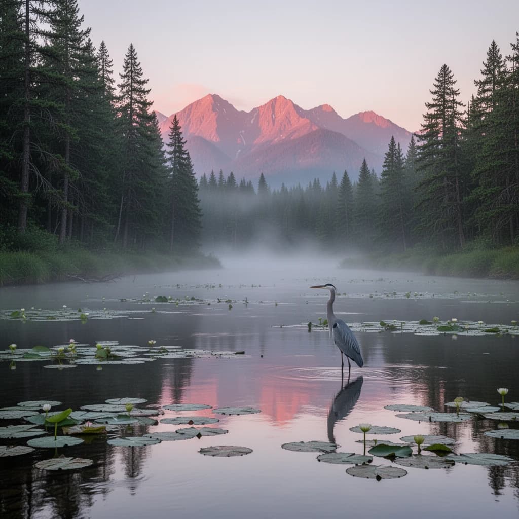 With pre-dawn mist along a cedar forest river and glassy water dotted with lily pads, distant mountains blush pink, and a heron stands still like it forgot what to do next.