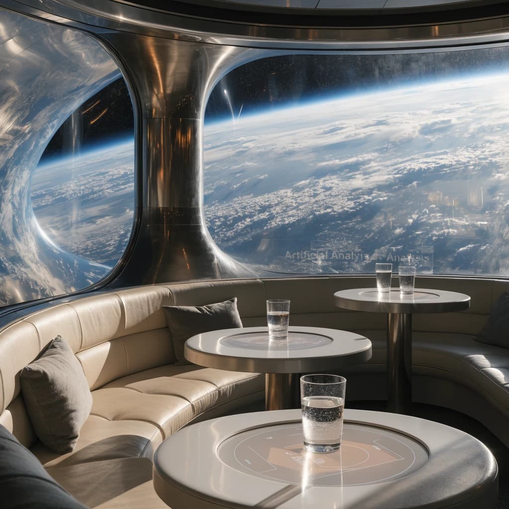 The orbital lounge has brushed aluminum walls and pale leather banquettes. Low white tables are inset with glowing touchscreens. Drinks are clear, flavorless, in tall unmarked glasses. The viewport is floor-to-ceiling, showing Earth moving slowly beneath. The word Artificial Analysis is etched discreetly on the glass in a frosted band.