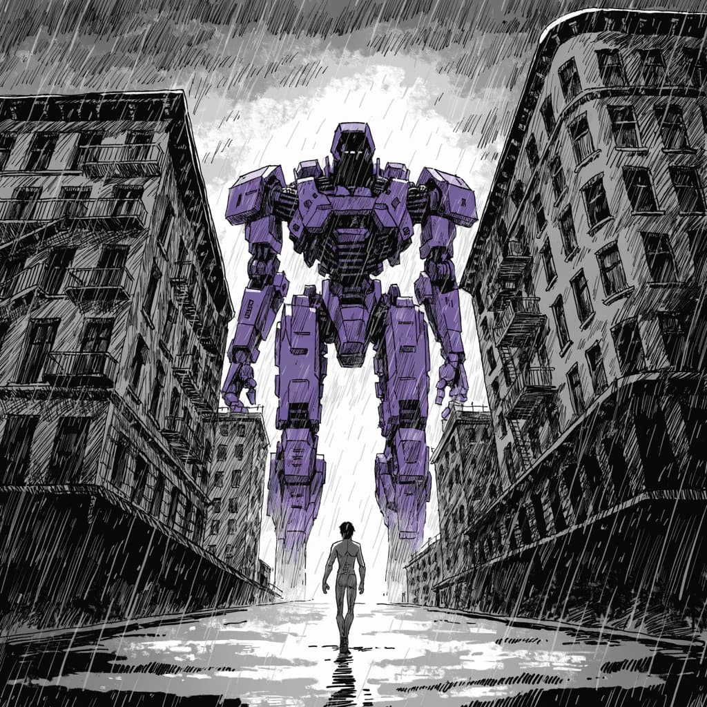 Clad in his body suit up to the neck, young Masa nervously approaches the towering mech with his back facing us. He is nervous for his first time in the field. The mech's bright purple colour scheme contrasts with the grey body suit. The scale of the mech dwarfs Masa. Hand drawn style