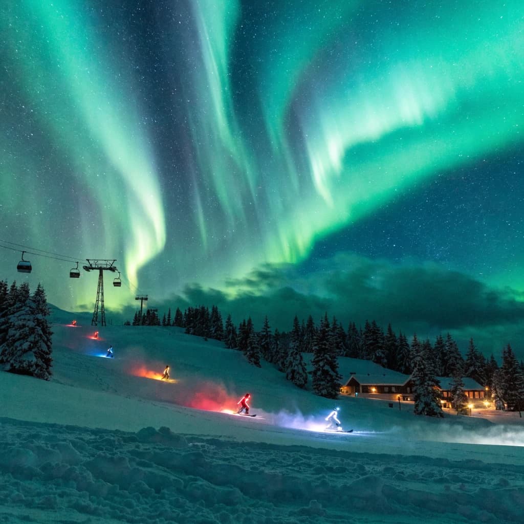 Coronet Peak Night Skiing: Skiers in colorful LED suits carve their way down the slopes of New Zealand's Coronet Peak under the Aurora Borealis, the skiers' light trails visible behind them