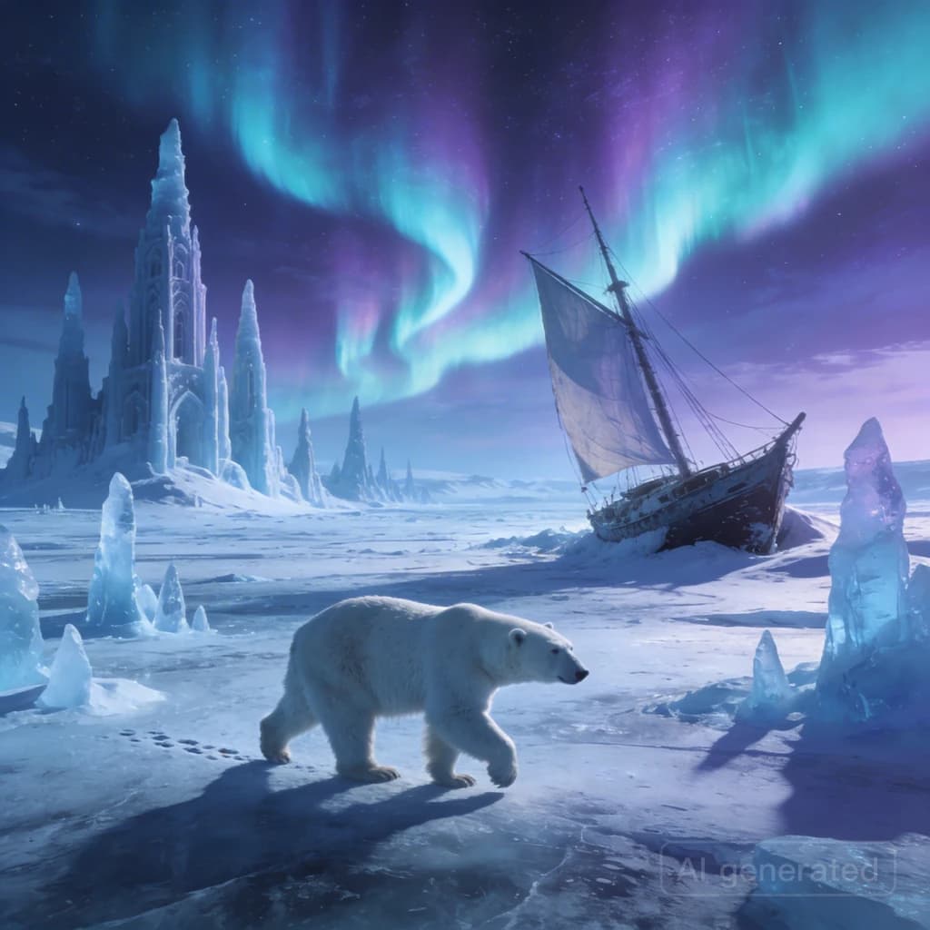 An endless tundra stretches outward, littered with jagged icebergs shaped like cathedral spires. A polar bear trudges across the foreground but leaves no tracks. Auroras ripple overhead. A half-buried shipwreck juts from the snow — sails billowing despite the still air.