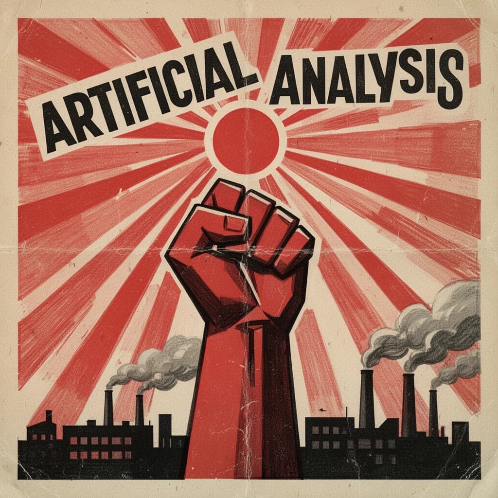 A propaganda poster in stark red, black, and beige. A clenched fist rises in the foreground, rendered with sharp geometric blocks. Behind it, radiating lines stretch upward toward a stylized sun. At the top, bold sans-serif lettering in Cyrillic-inspired type spells out Artificial Analysis, tilted at an angle for emphasis. A factory skyline silhouettes the bottom edge, smoke stacks rising into the background. The texture is rough, printed on aged paper with visible creases and ink bleed. Designed in the constructivist Soviet poster style.