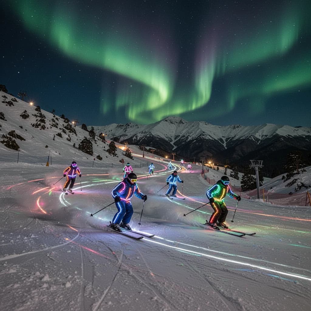 Coronet Peak Night Skiing: Skiers in colorful LED suits carve their way down the slopes of New Zealand's Coronet Peak under the Aurora Borealis, the skiers' light trails visible behind them