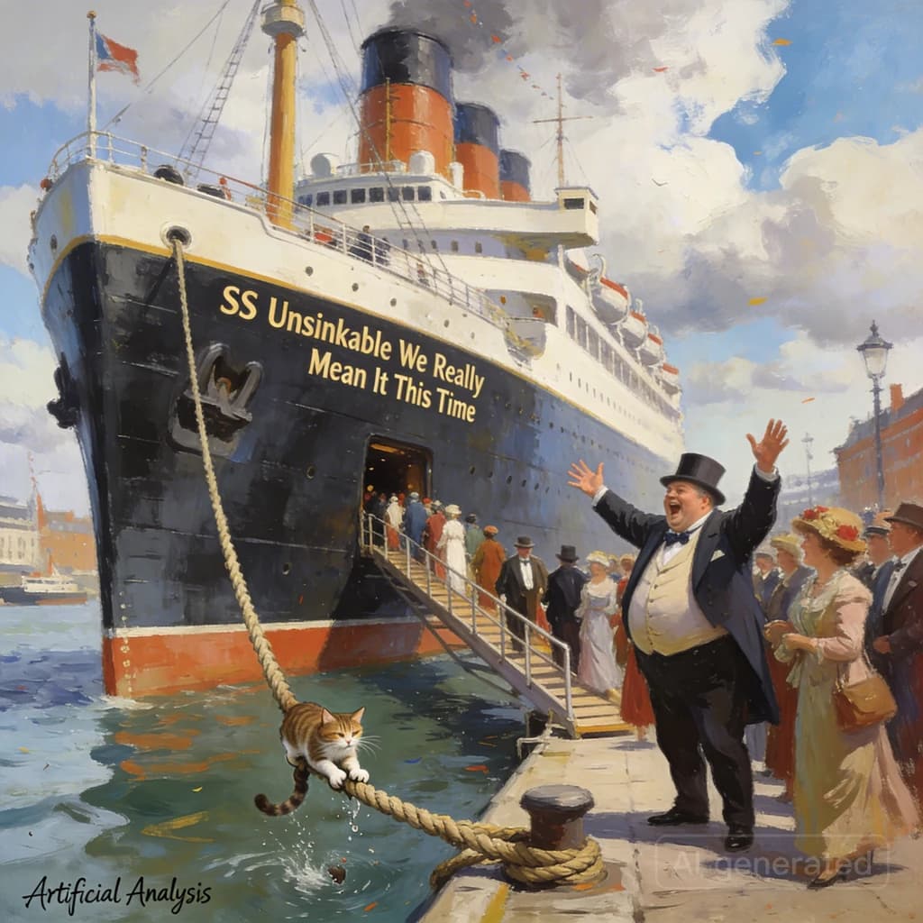 An impressionistic painting of the mighty steamer the "SS Unsinkable We Really Mean It This Time" on a cloudy but bright London morning about to set out on her maiden voyage. A jubilant crowd is gathered on the dock around the paunchy mayor who is making a speech, gesticulating wildly with his hands. The gangways are busy with well heeled ladies and gentlemen making their way onto the ship. A cheeky cat hangs over the water, clinging to the mooring rope after an ill-fated attempt to climb up. The artist has signed his name "Artificial Analysis" in the bottom corner