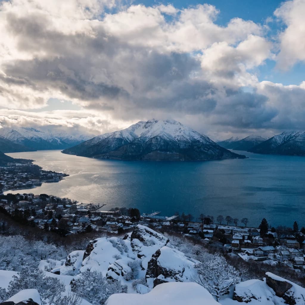 Queenstown's Lake Wakatipu, viewed from the top of Queenstown Hill after a snowstorm just dusted the top of Cecil's Peak