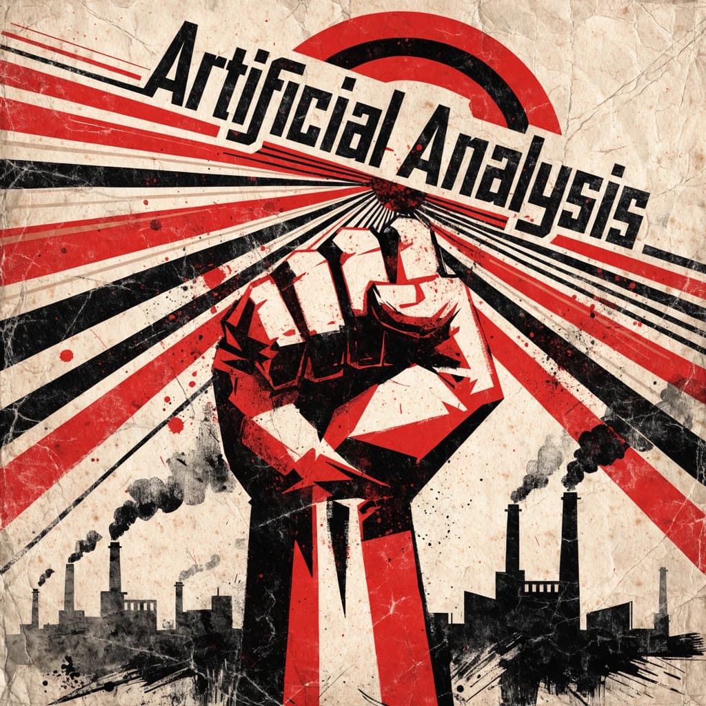 A propaganda poster in stark red, black, and beige. A clenched fist rises in the foreground, rendered with sharp geometric blocks. Behind it, radiating lines stretch upward toward a stylized sun. At the top, bold sans-serif lettering in Cyrillic-inspired type spells out Artificial Analysis, tilted at an angle for emphasis. A factory skyline silhouettes the bottom edge, smoke stacks rising into the background. The texture is rough, printed on aged paper with visible creases and ink bleed. Designed in the constructivist Soviet poster style.