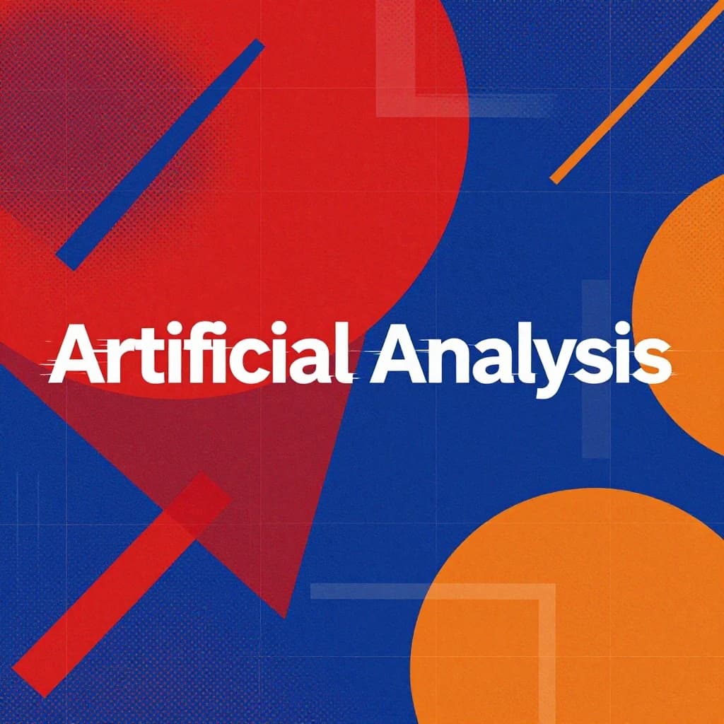 A bold poster composition dominated by flat geometric shapes in crimson, cobalt, and ochre. Overlapping circles and sharp diagonal lines create dynamic tension across the frame. A single sans-serif word — Artificial Analysis — stretches across the center in stark white, distorted slightly as though caught mid-glitch. The background is textured with halftone dots and faint grid lines, while subtle overlays of translucent rectangles suggest depth. Designed in the spirit of modernist Swiss typography fused with digital glitch aesthetics.