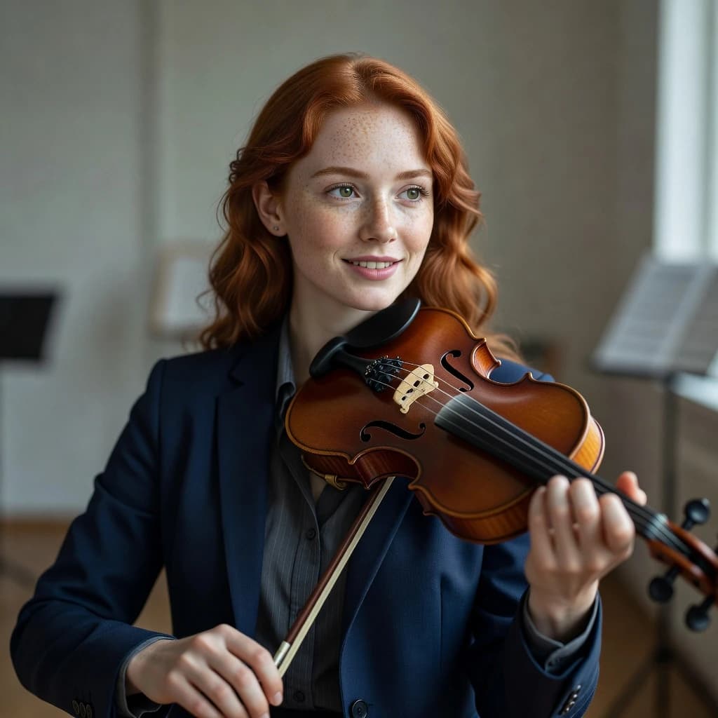 Capture a head-and-shoulders portrait of a freckled red-haired violinist in a navy blazer, soft window light, 85mm at f/1.8, gently smiling yet serious eyes, muted tones.