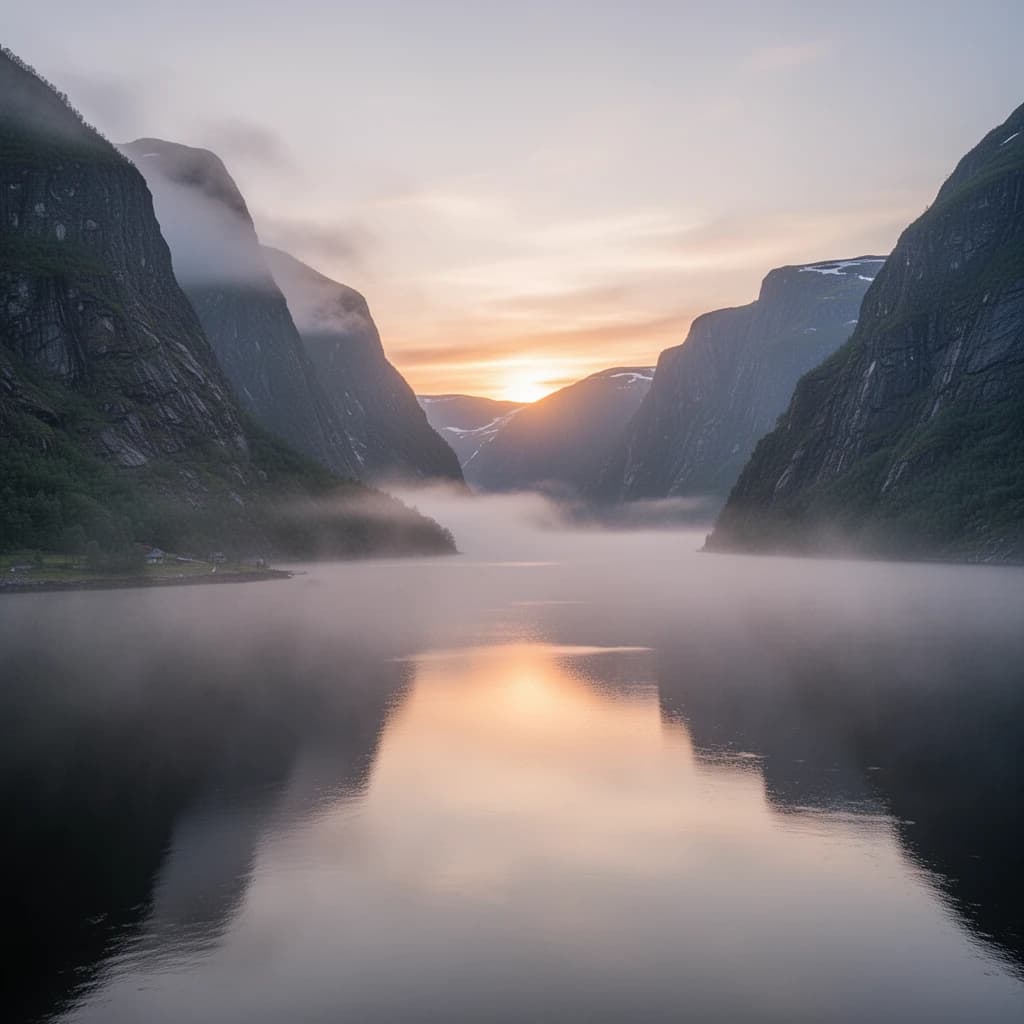 Frame a foggy fjord at sunrise, cliffs looming.