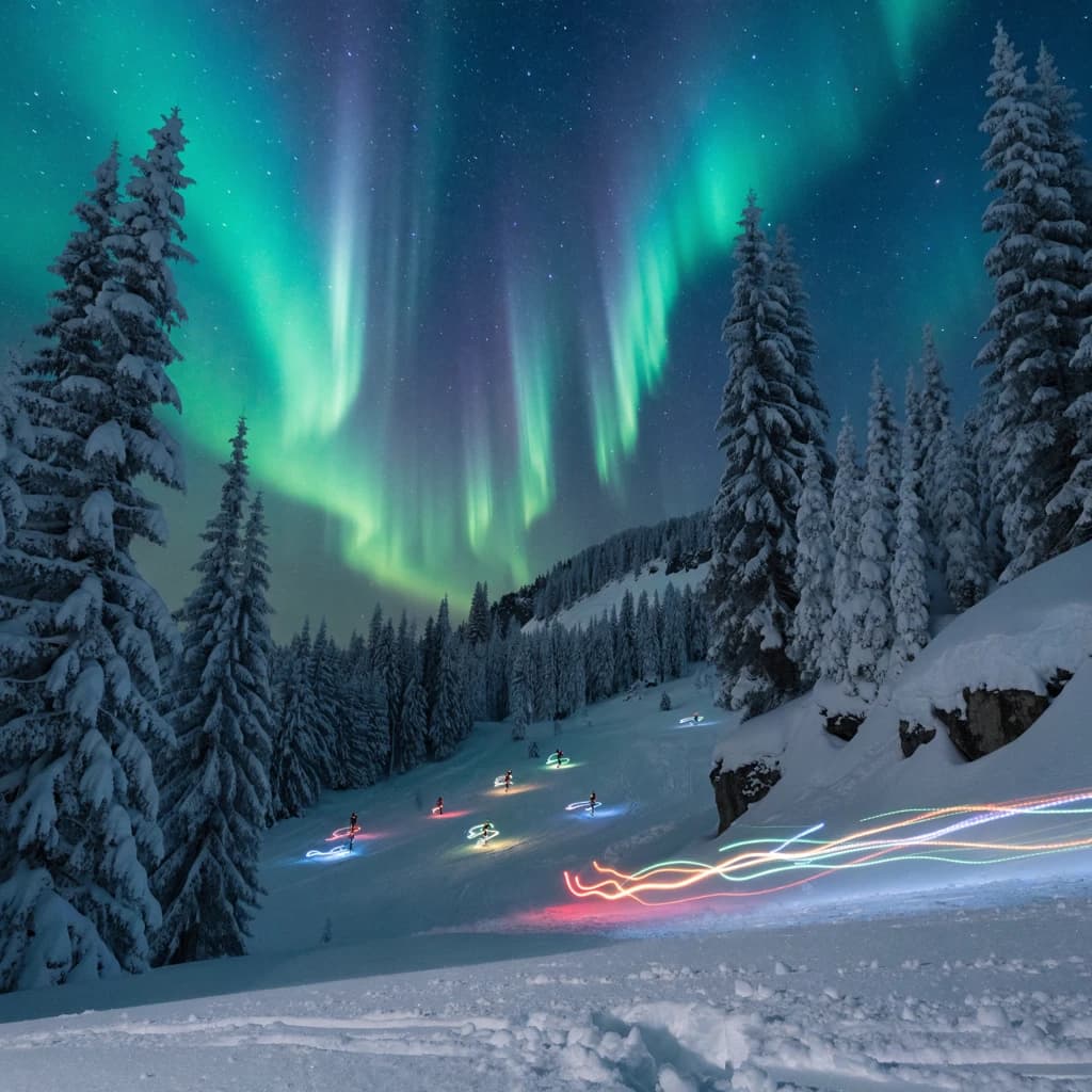 Coronet Peak Night Skiing: Skiers in colorful LED suits carve their way down the slopes of New Zealand's Coronet Peak under the Aurora Borealis, the skiers' light trails visible behind them