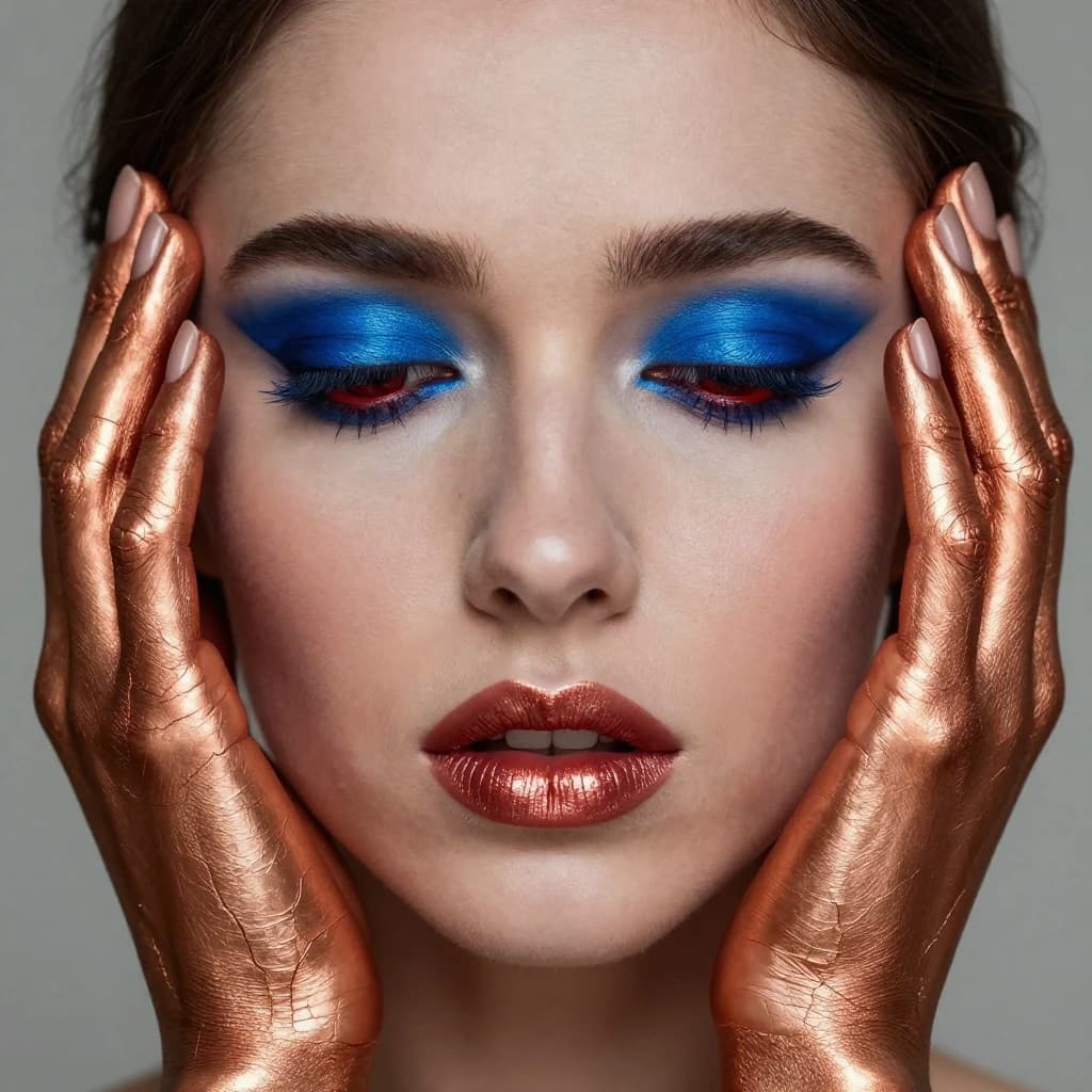A striking close-up portrait of a woman with cracked metallic copper-painted hands framing her face. Her vivid blue and red eye makeup contrasts sharply with the smooth, pale skin and muted background, creating a bold, surreal composition. She displays an air of uncertainty about her
