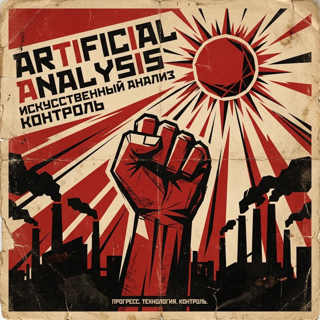 A propaganda poster in stark red, black, and beige. A clenched fist rises in the foreground, rendered with sharp geometric blocks. Behind it, radiating lines stretch upward toward a stylized sun. At the top, bold sans-serif lettering in Cyrillic-inspired type spells out Artificial Analysis, tilted at an angle for emphasis. A factory skyline silhouettes the bottom edge, smoke stacks rising into the background. The texture is rough, printed on aged paper with visible creases and ink bleed. Designed in the constructivist Soviet poster style.
