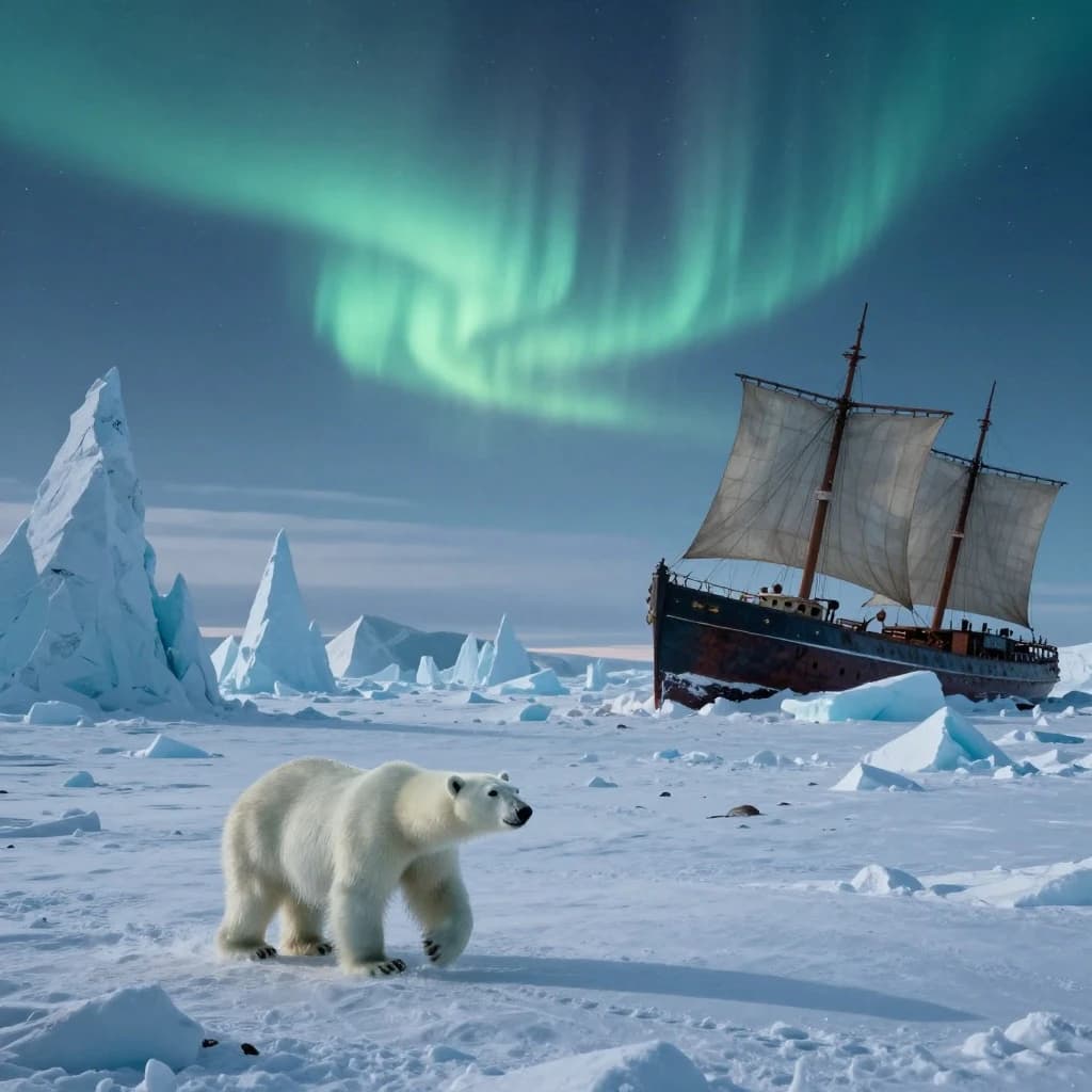 An endless tundra stretches outward, littered with jagged icebergs shaped like cathedral spires. A polar bear trudges across the foreground but leaves no tracks. Auroras ripple overhead. A half-buried shipwreck juts from the snow — sails billowing despite the still air.