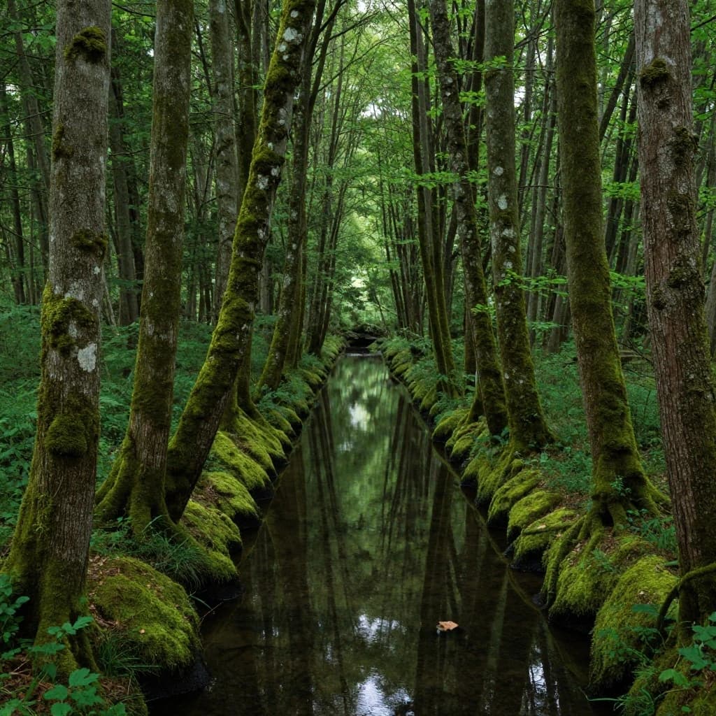 The forest is saturated green, trees identical in height and width, trunks straight, bark texture repeating. One trunk leans diagonally yet the branches remain vertical. The moss is emerald, glistening, though each patch forms identical diamond shapes. A stream runs straight, perfectly linear, water clear, reflecting clouds not visible in the sky. No animals, no insects, but one leaf floats on the water, doubled, showing two overlapping shadows.