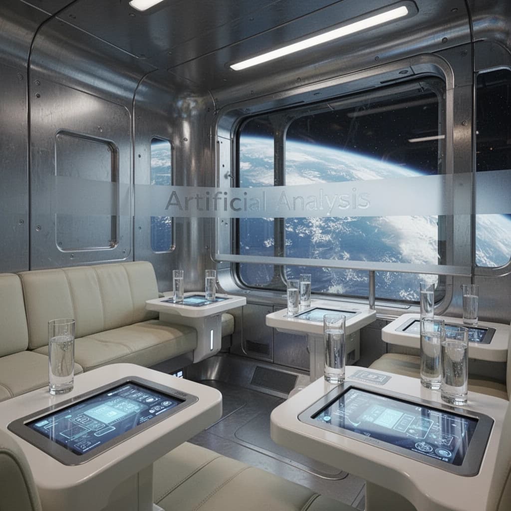 The orbital lounge has brushed aluminum walls and pale leather banquettes. Low white tables are inset with glowing touchscreens. Drinks are clear, flavorless, in tall unmarked glasses. The viewport is floor-to-ceiling, showing Earth moving slowly beneath. The word Artificial Analysis is etched discreetly on the glass in a frosted band.