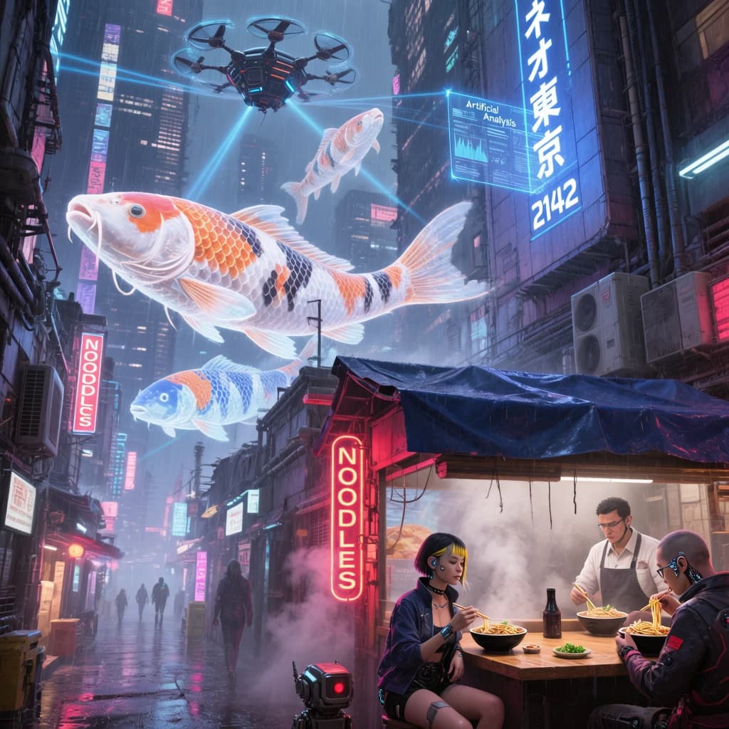 A neon alley in Neo-Tokyo 2142 drips with rain Cybernetic patrons slurp ramen at a stall with their glowing implants humming with blue light. Three giant holographic koi hover 10 metres above the ground and swim across the skyline, one has clipped into a building. A six-prop drone hovers nearby, projecting "Artificial Analysis" onto a wall with blue laser beams visible