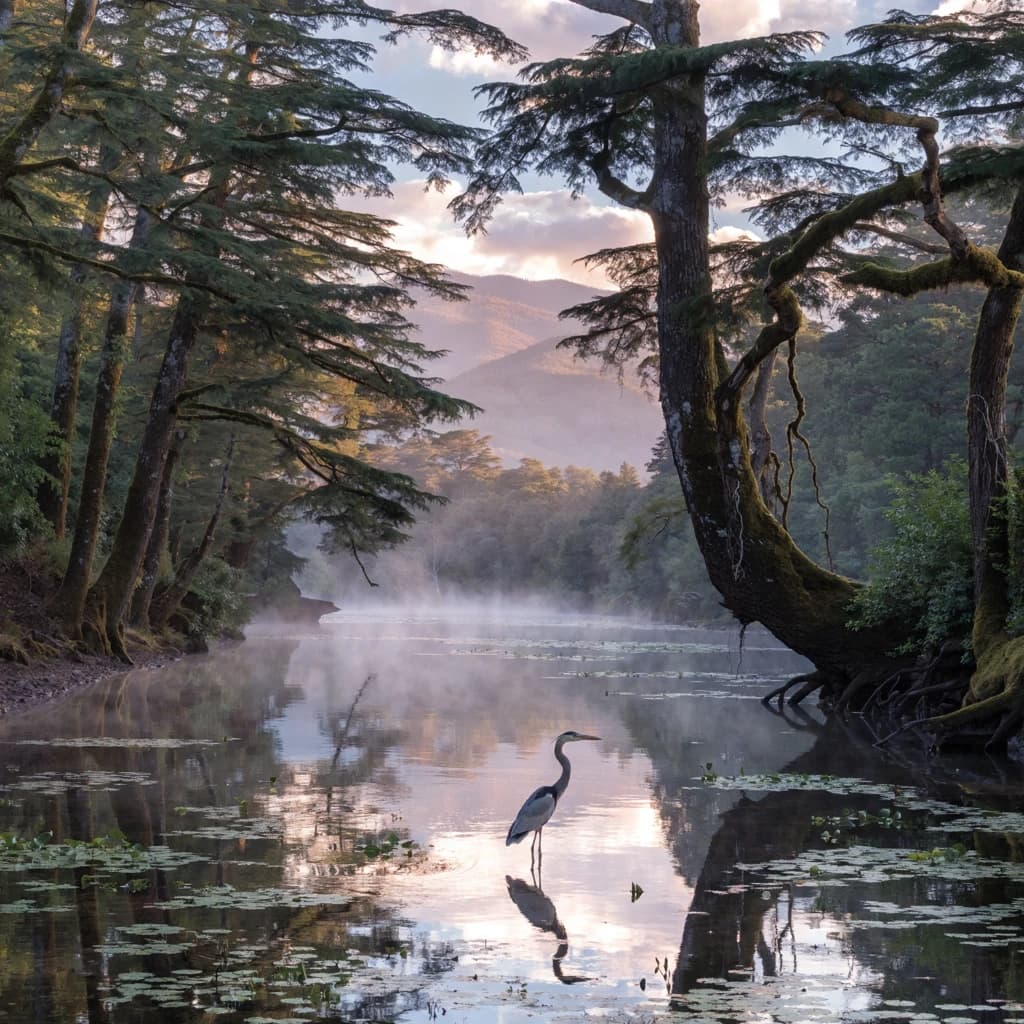 With pre-dawn mist along a cedar forest river and glassy water dotted with lily pads, distant mountains blush pink, and a heron stands still like it forgot what to do next.