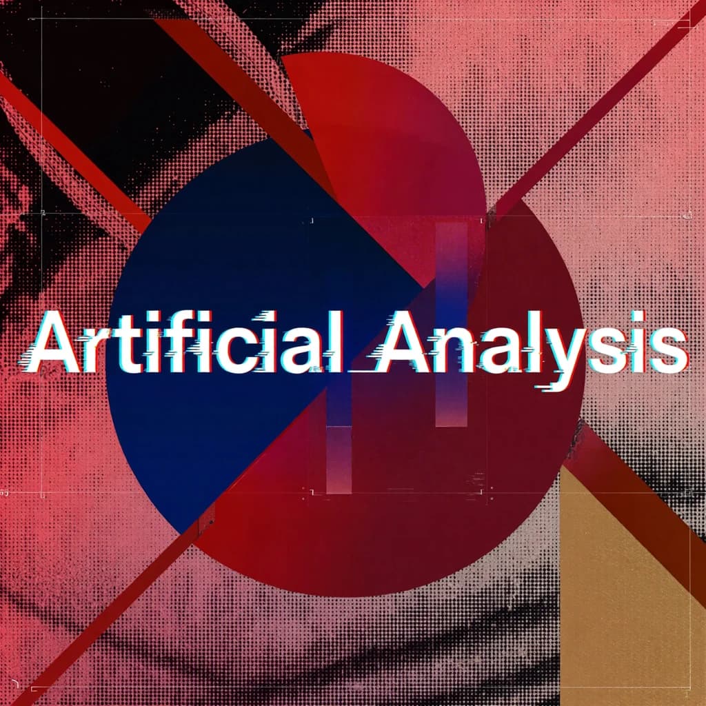 A bold poster composition dominated by flat geometric shapes in crimson, cobalt, and ochre. Overlapping circles and sharp diagonal lines create dynamic tension across the frame. A single sans-serif word — Artificial Analysis — stretches across the center in stark white, distorted slightly as though caught mid-glitch. The background is textured with halftone dots and faint grid lines, while subtle overlays of translucent rectangles suggest depth. Designed in the spirit of modernist Swiss typography fused with digital glitch aesthetics.