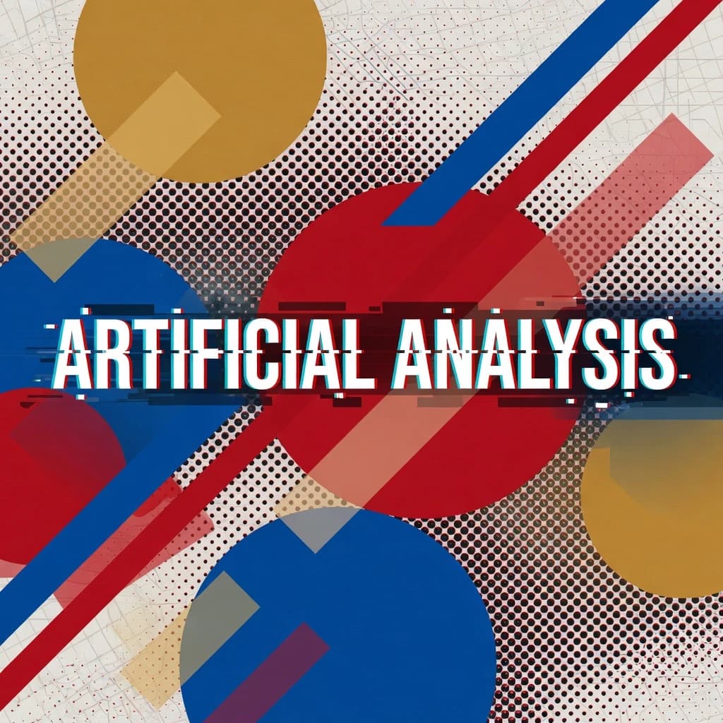 A bold poster composition dominated by flat geometric shapes in crimson, cobalt, and ochre. Overlapping circles and sharp diagonal lines create dynamic tension across the frame. A single sans-serif word — Artificial Analysis — stretches across the center in stark white, distorted slightly as though caught mid-glitch. The background is textured with halftone dots and faint grid lines, while subtle overlays of translucent rectangles suggest depth. Designed in the spirit of modernist Swiss typography fused with digital glitch aesthetics.