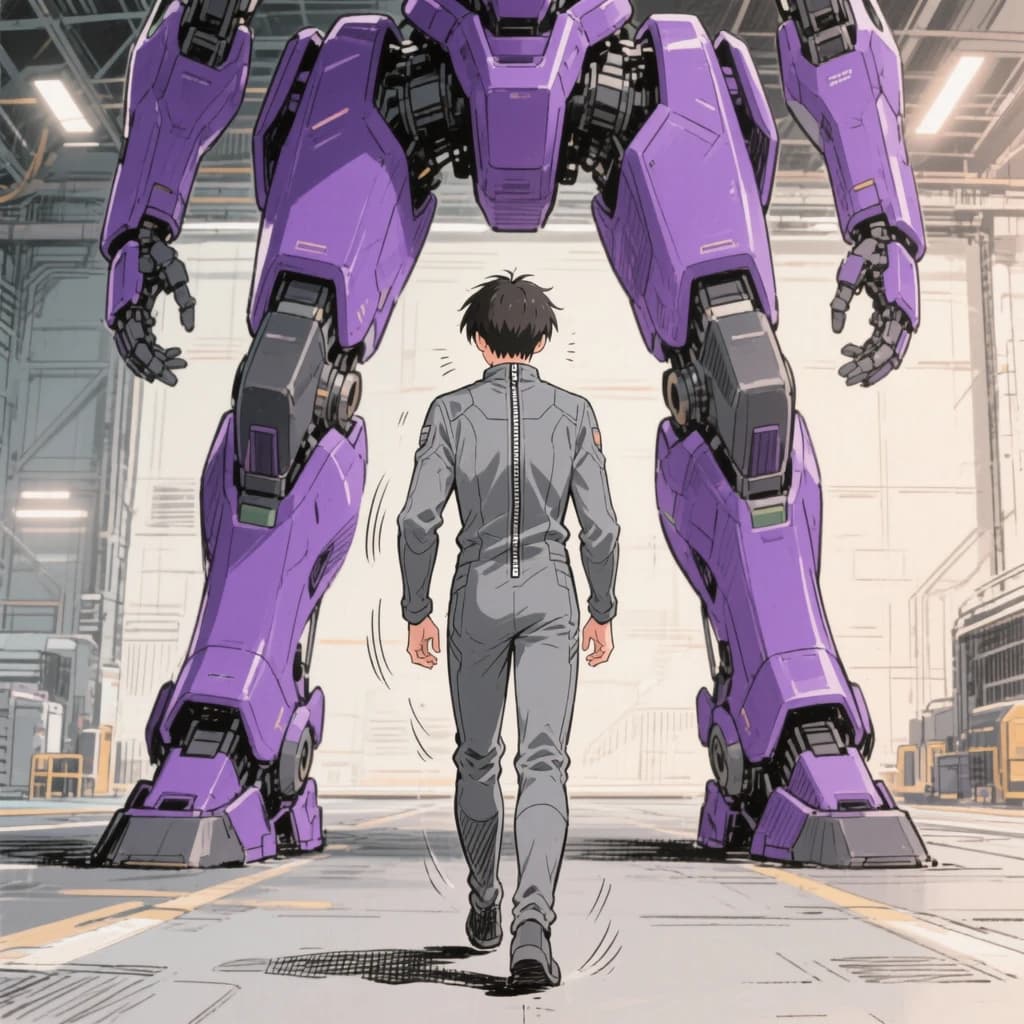 Clad in his body suit up to the neck, young Masa nervously approaches the towering mech with his back facing us. He is nervous for his first time in the field. The mech's bright purple colour scheme contrasts with the grey body suit. The scale of the mech dwarfs Masa. Hand drawn style