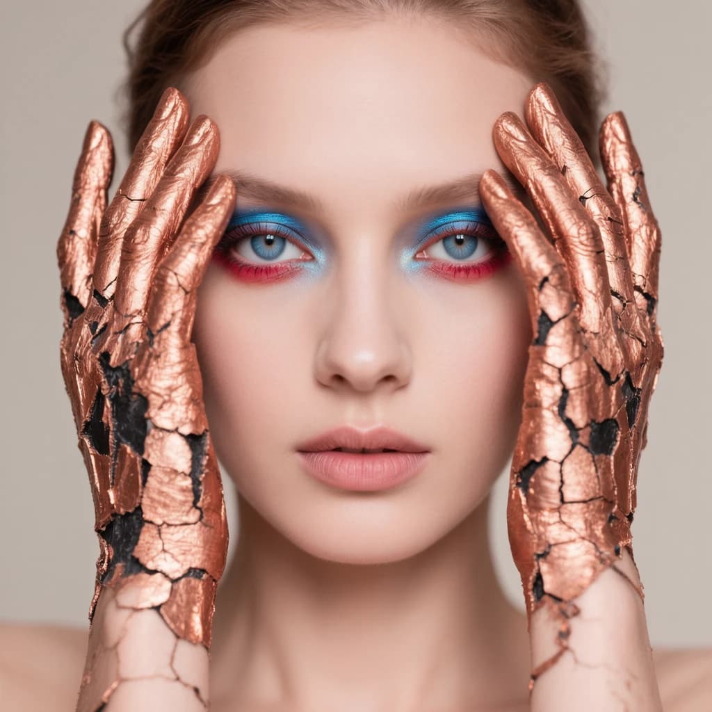 A striking close-up portrait of a woman with cracked metallic copper-painted hands framing her face. Her vivid blue and red eye makeup contrasts sharply with the smooth, pale skin and muted background, creating a bold, surreal composition. She displays an air of uncertainty about her