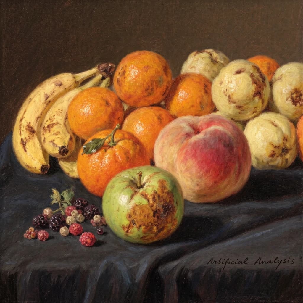A still life scene painted oil on canvas, comprising various fruits on a black table cloth with striking lighting coming from the right out of frame, creating strong shadows. A bruised green apple is in the foreground, a peach behind it, and behind that a melange of oranges and bananas in various states of ripeness. Berries are strewn in front of the apple. The artist has signed his name "Artificial Analysis" in the bottom right corner in a hurried fashion.